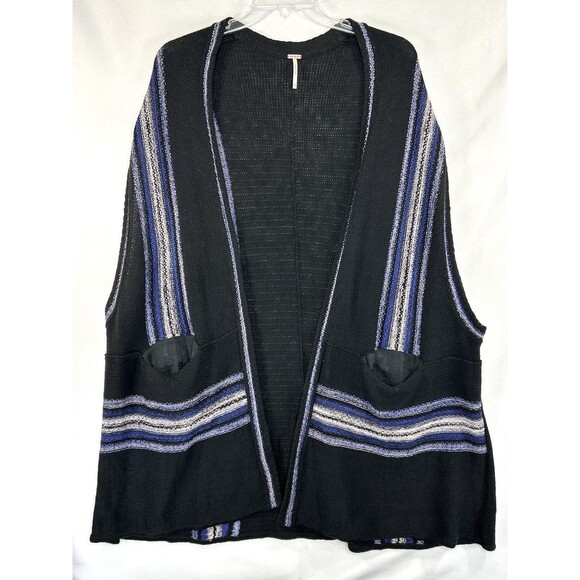 Free People Long Striped Cardigan Sweater Vest Black Duster Linen Cotton Size XS - Picture 1 of 7